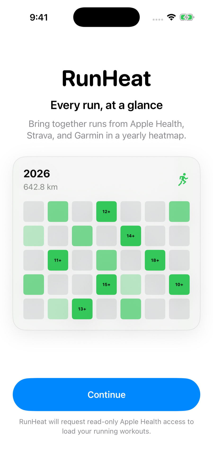RunHeat welcome screen showing a yearly running heatmap